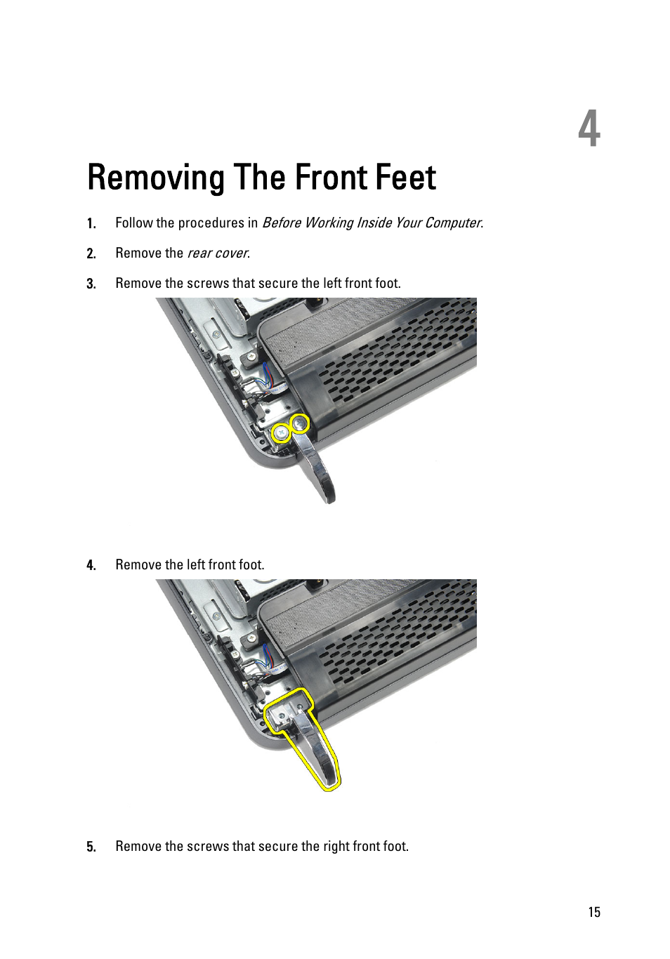 Removing the front feet, 4 removing the front feet | Dell Vostro 360 (Late 2011) User Manual | Page 15 / 101