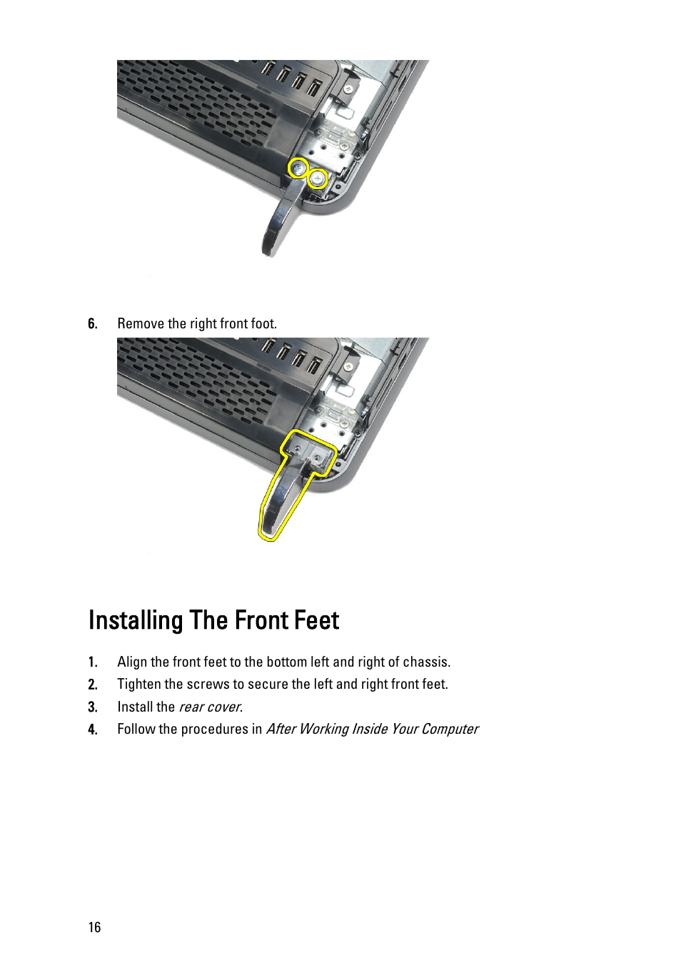 Installing the front feet | Dell Vostro 360 (Late 2011) User Manual | Page 16 / 101