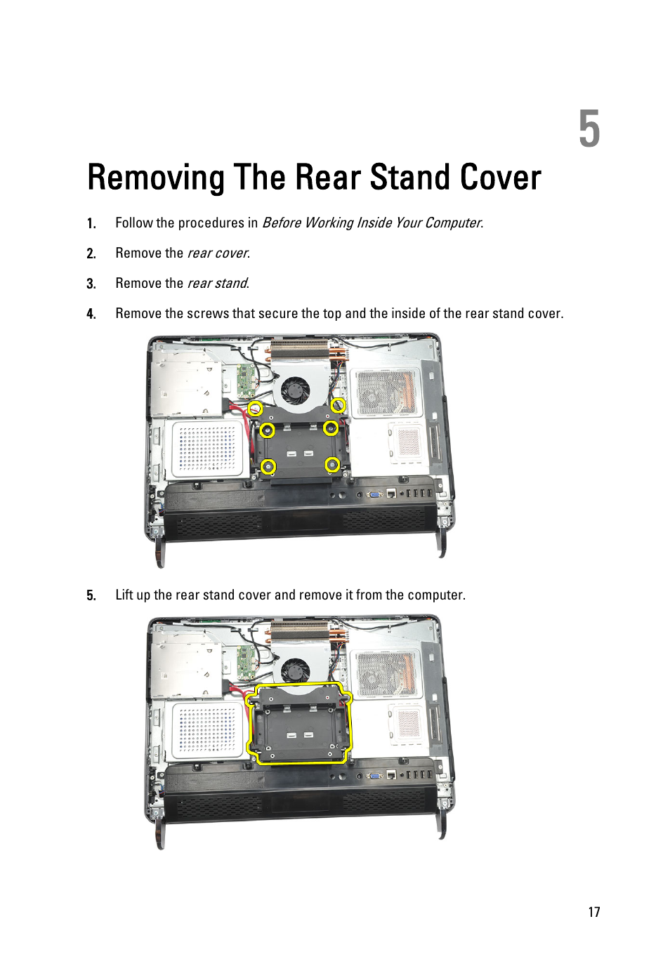Removing the rear stand cover, 5 removing the rear stand cover | Dell Vostro 360 (Late 2011) User Manual | Page 17 / 101
