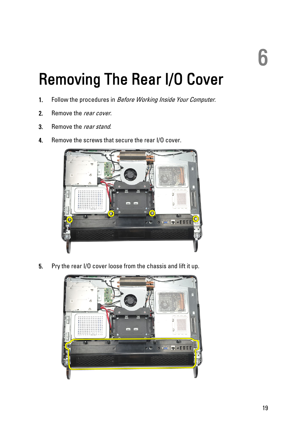 Removing the rear i/o cover, 6 removing the rear i/o cover | Dell Vostro 360 (Late 2011) User Manual | Page 19 / 101