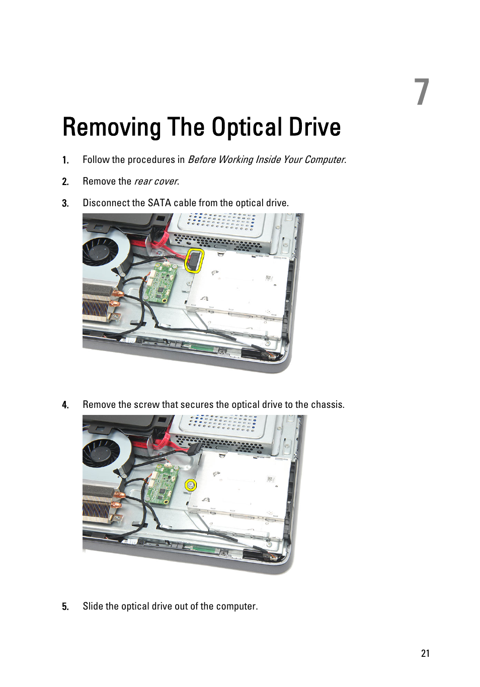 Removing the optical drive, 7 removing the optical drive | Dell Vostro 360 (Late 2011) User Manual | Page 21 / 101