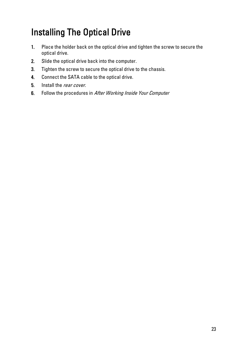 Installing the optical drive | Dell Vostro 360 (Late 2011) User Manual | Page 23 / 101