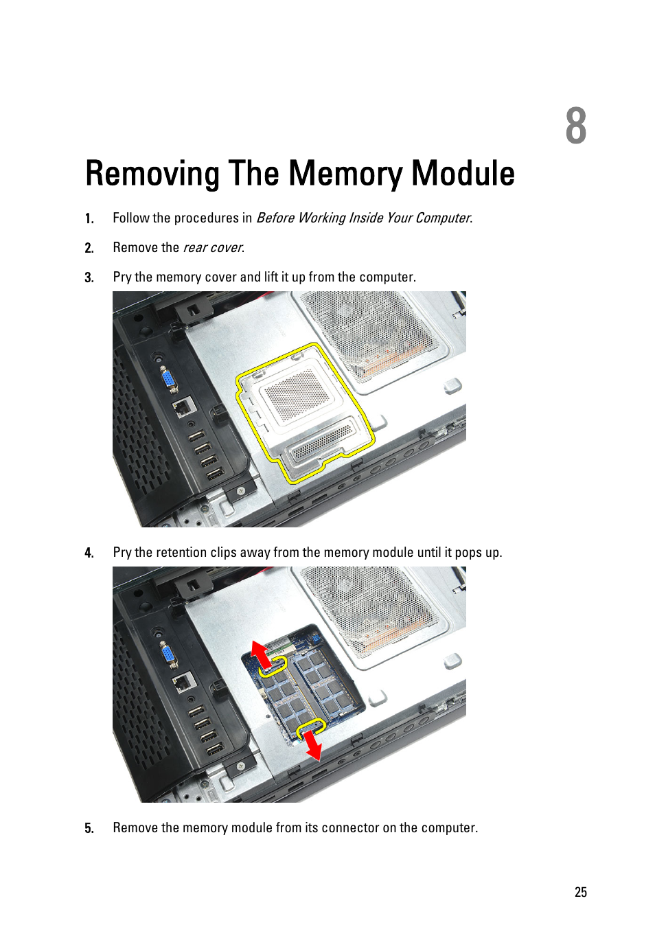Removing the memory module, 8 removing the memory module | Dell Vostro 360 (Late 2011) User Manual | Page 25 / 101