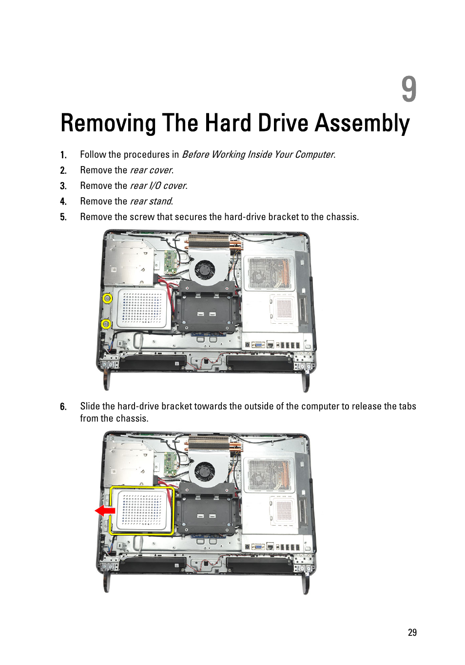 Removing the hard drive assembly, 9 removing the hard drive assembly | Dell Vostro 360 (Late 2011) User Manual | Page 29 / 101