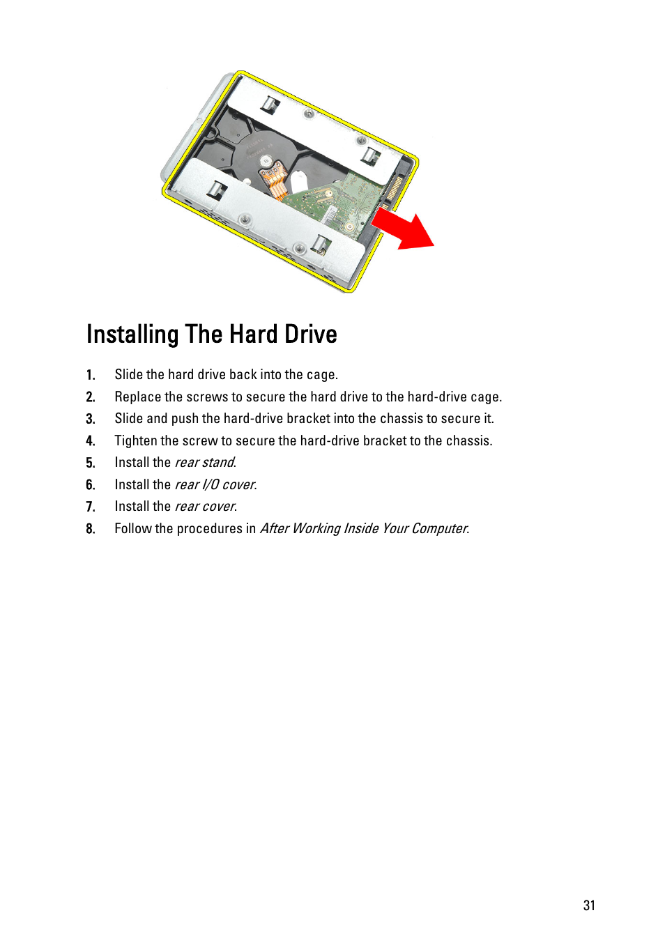 Installing the hard drive | Dell Vostro 360 (Late 2011) User Manual | Page 31 / 101