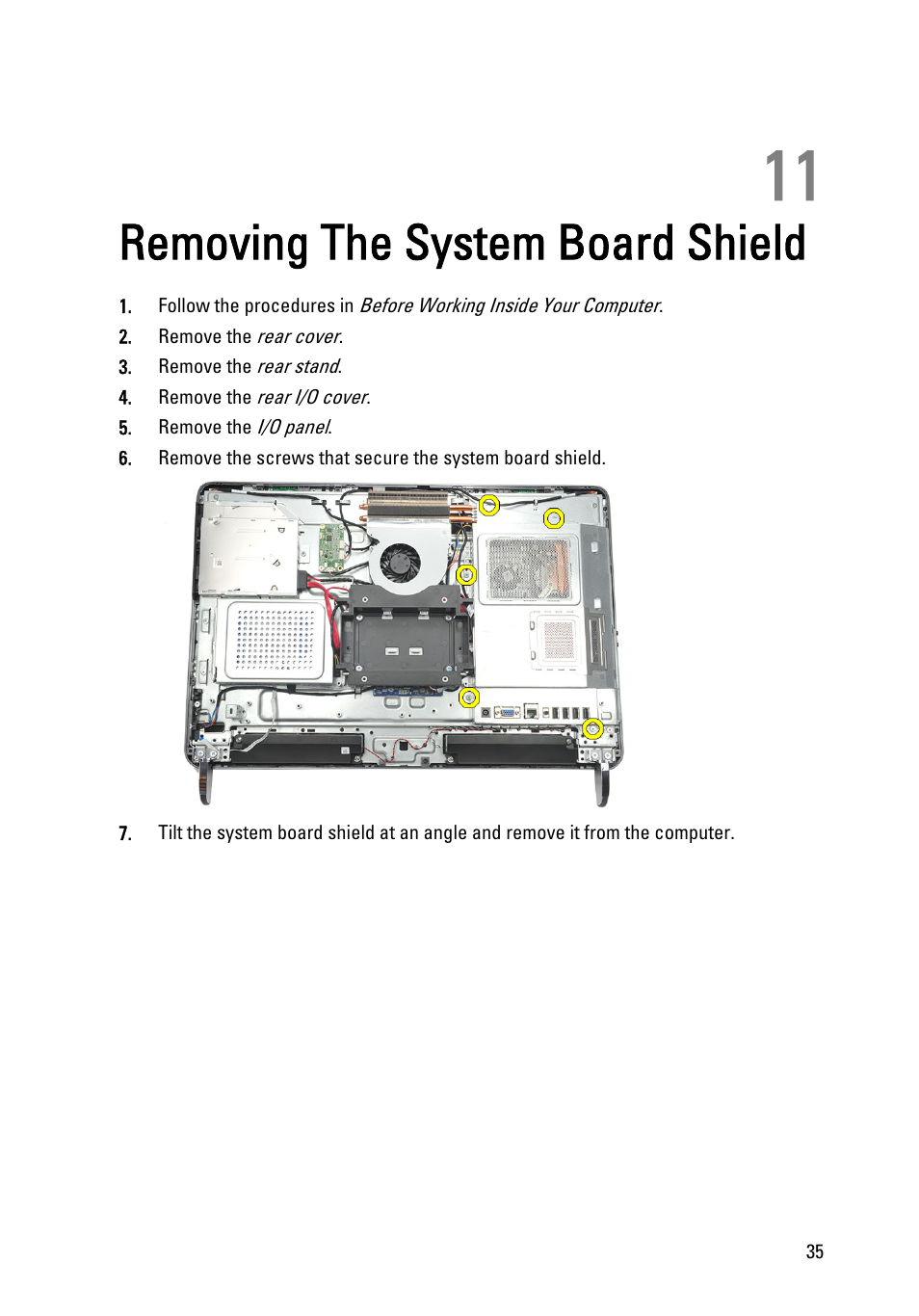 Removing the system board shield, 11 removing the system board shield, System board shield | Dell Vostro 360 (Late 2011) User Manual | Page 35 / 101