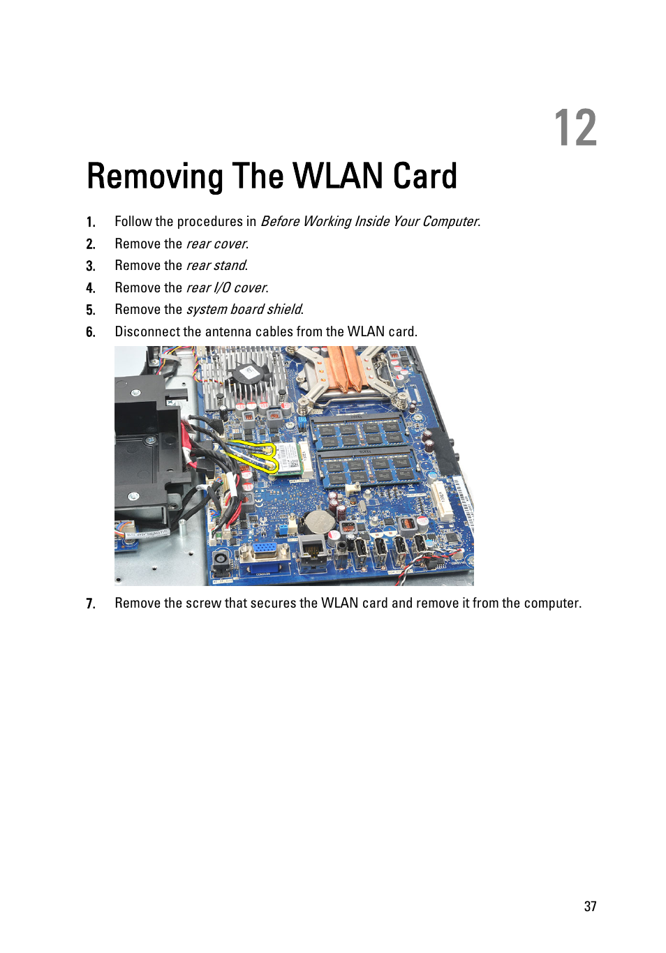 Removing the wlan card, 12 removing the wlan card | Dell Vostro 360 (Late 2011) User Manual | Page 37 / 101