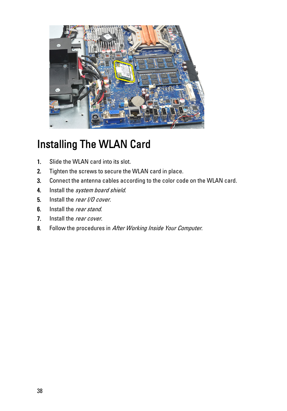 Installing the wlan card | Dell Vostro 360 (Late 2011) User Manual | Page 38 / 101