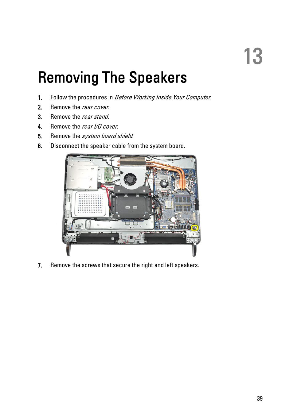 Removing the speakers, 13 removing the speakers | Dell Vostro 360 (Late 2011) User Manual | Page 39 / 101