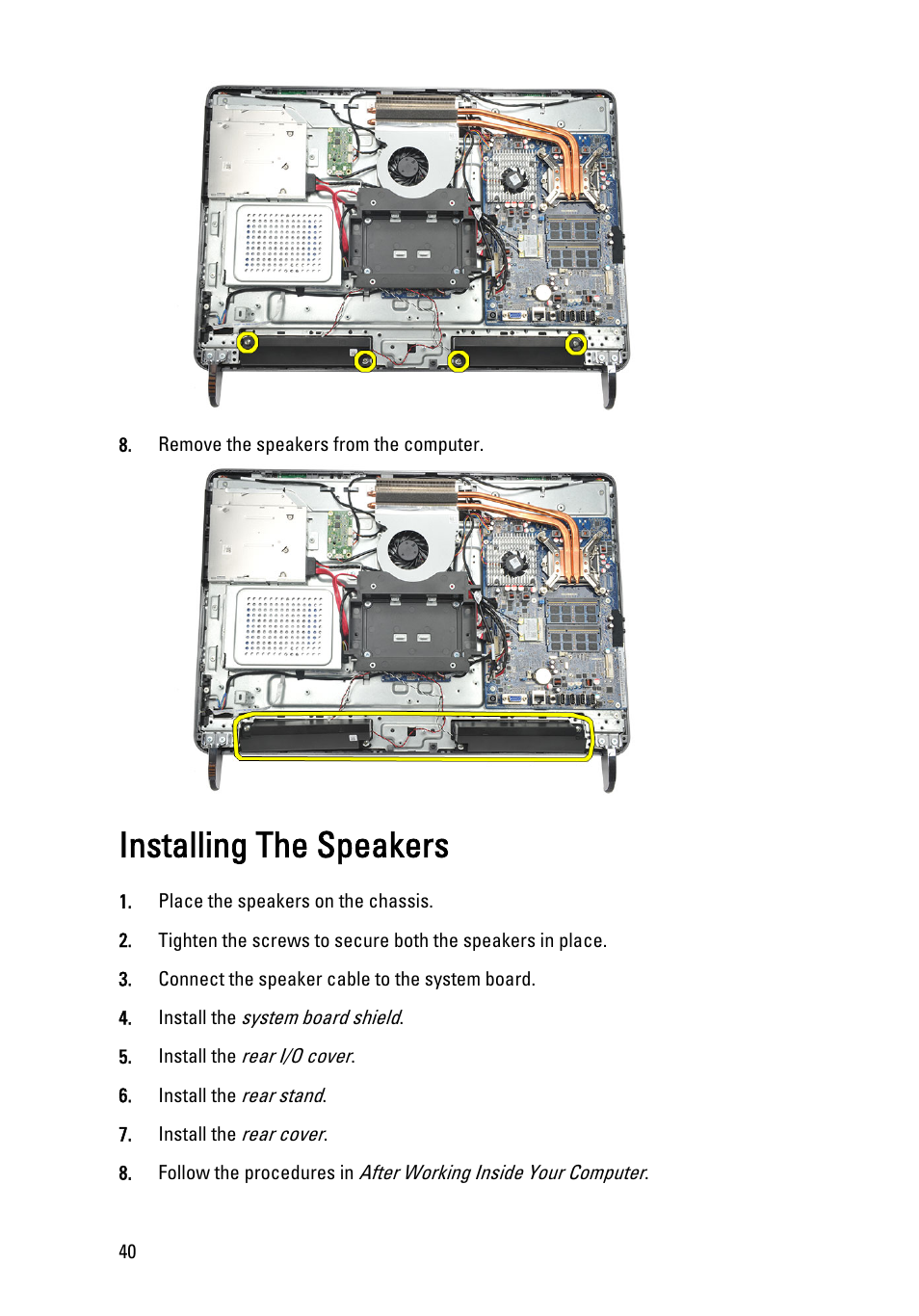 Installing the speakers | Dell Vostro 360 (Late 2011) User Manual | Page 40 / 101