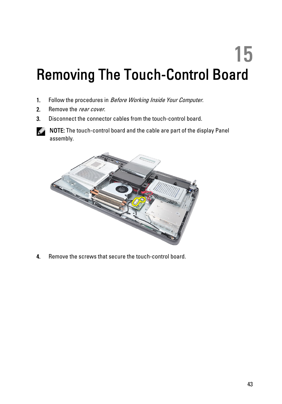 Removing the touch-control board, 15 removing the touch-control board | Dell Vostro 360 (Late 2011) User Manual | Page 43 / 101