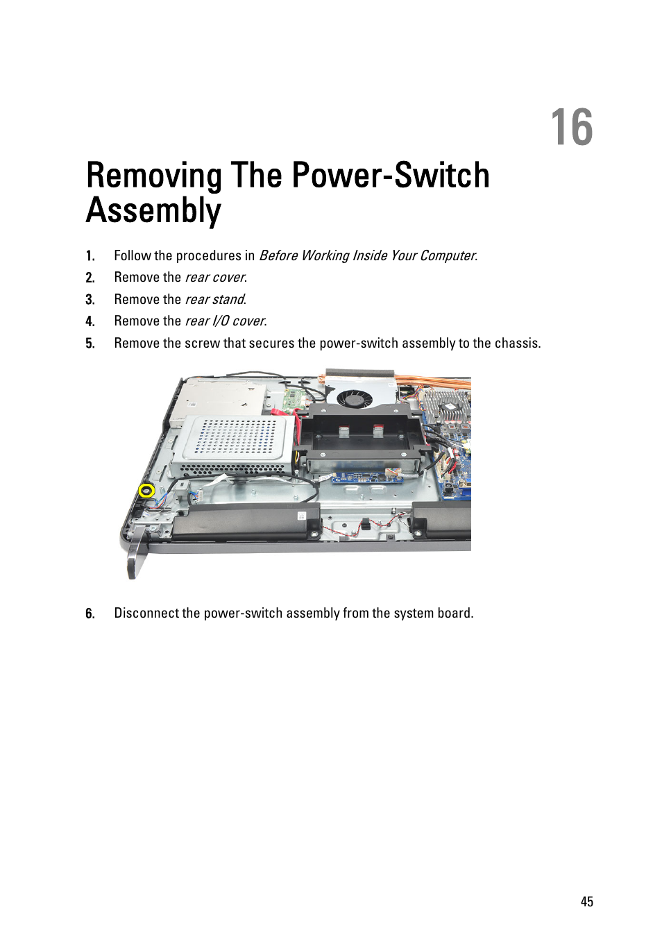 Removing the power-switch assembly, 16 removing the power-switch assembly | Dell Vostro 360 (Late 2011) User Manual | Page 45 / 101