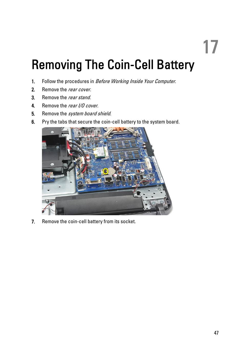 Removing the coin-cell battery, 17 removing the coin-cell battery | Dell Vostro 360 (Late 2011) User Manual | Page 47 / 101