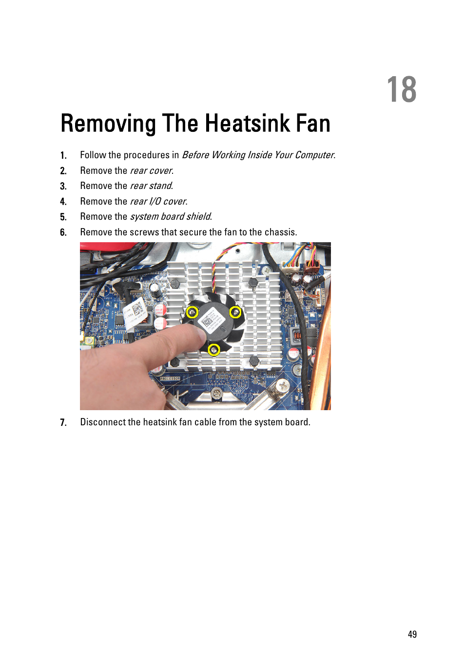Removing the heatsink fan, 18 removing the heatsink fan | Dell Vostro 360 (Late 2011) User Manual | Page 49 / 101