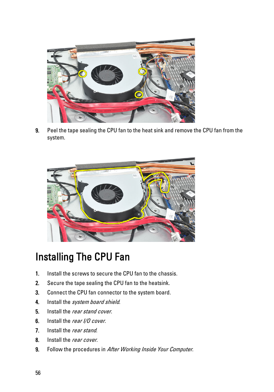Installing the cpu fan | Dell Vostro 360 (Late 2011) User Manual | Page 56 / 101