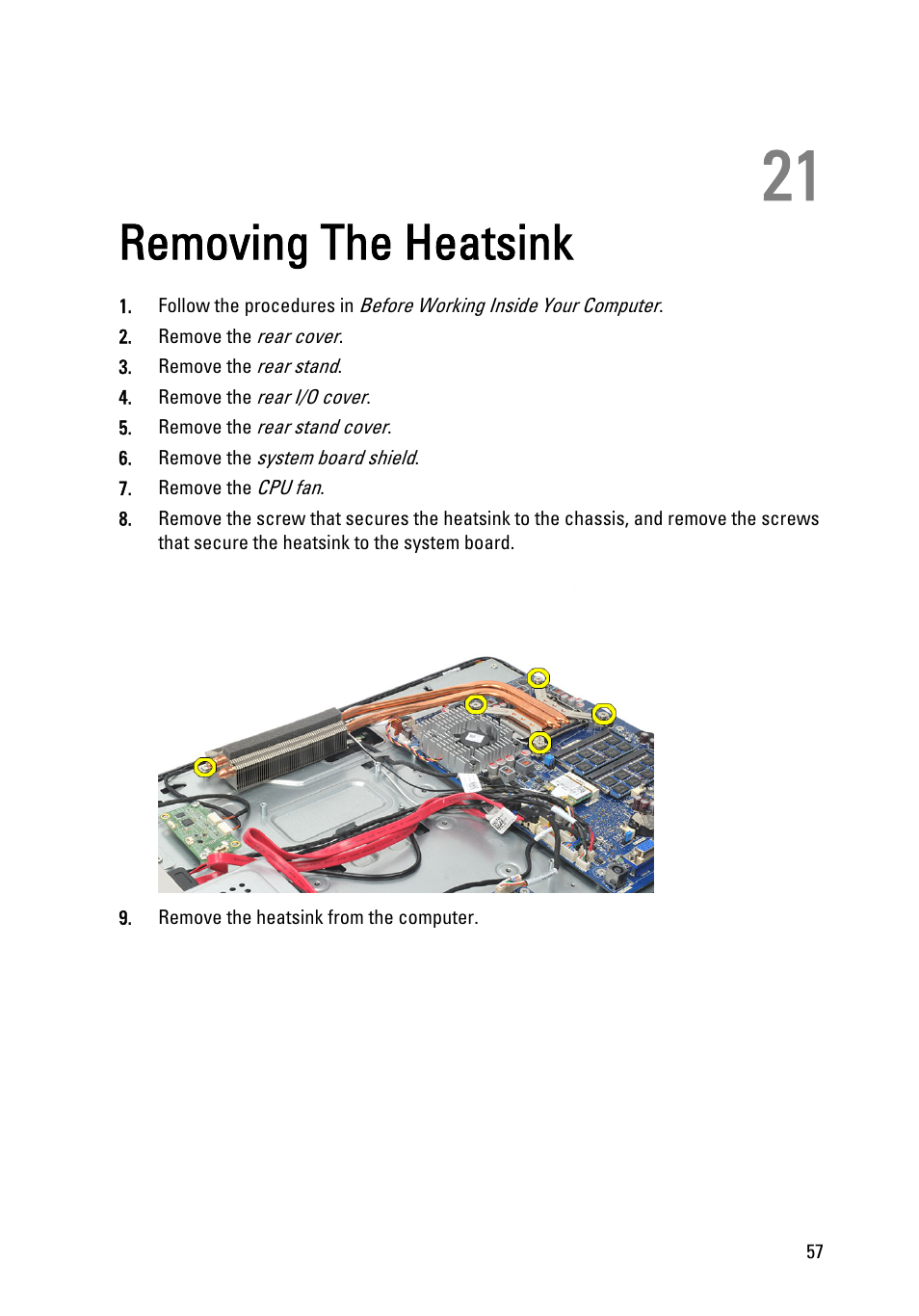 Removing the heatsink, 21 removing the heatsink | Dell Vostro 360 (Late 2011) User Manual | Page 57 / 101