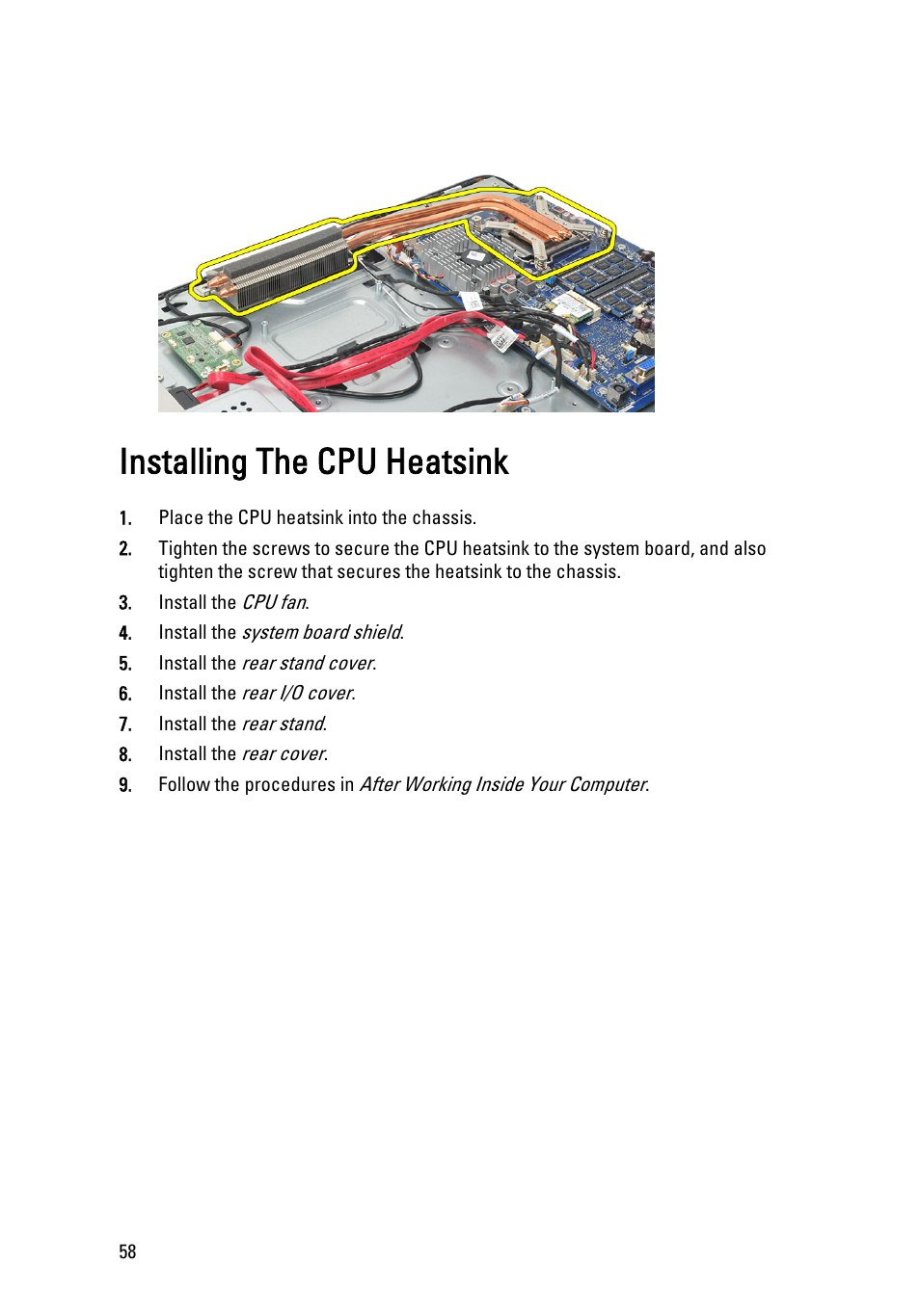 Installing the cpu heatsink | Dell Vostro 360 (Late 2011) User Manual | Page 58 / 101