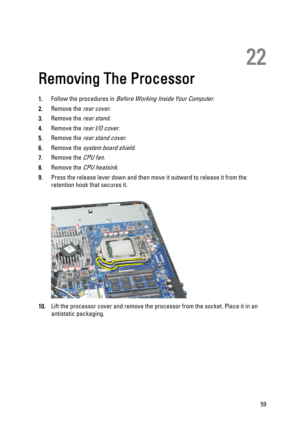 Removing the processor, 22 removing the processor | Dell Vostro 360 (Late 2011) User Manual | Page 59 / 101