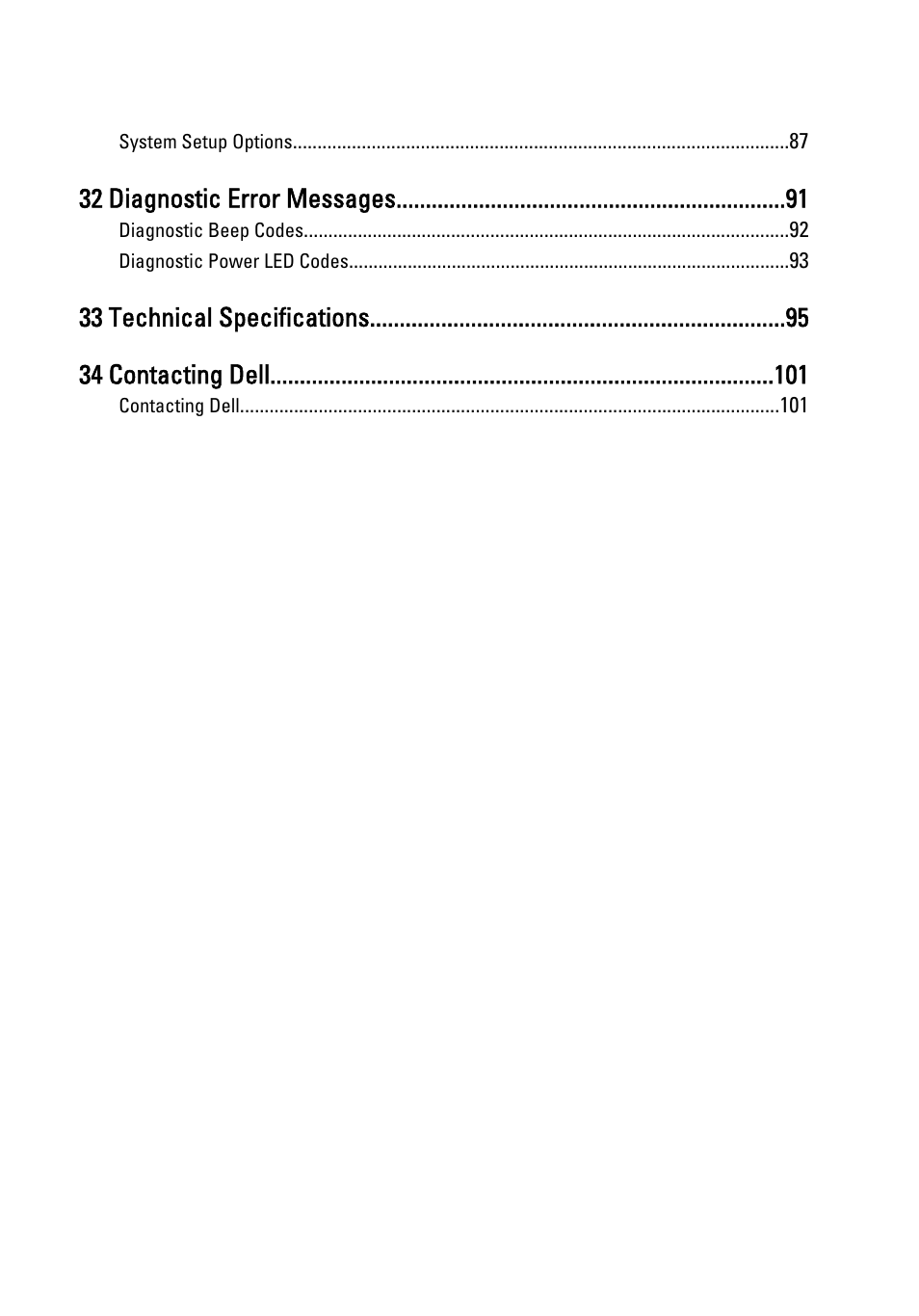 32 diagnostic error messages, 33 technical specifications 34 contacting dell | Dell Vostro 360 (Late 2011) User Manual | Page 6 / 101