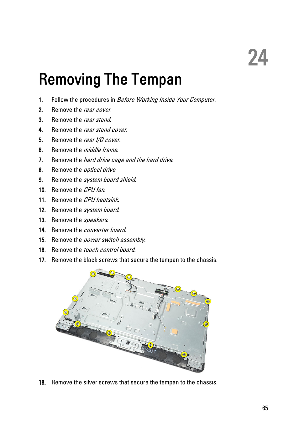 Removing the tempan, 24 removing the tempan | Dell Vostro 360 (Late 2011) User Manual | Page 65 / 101