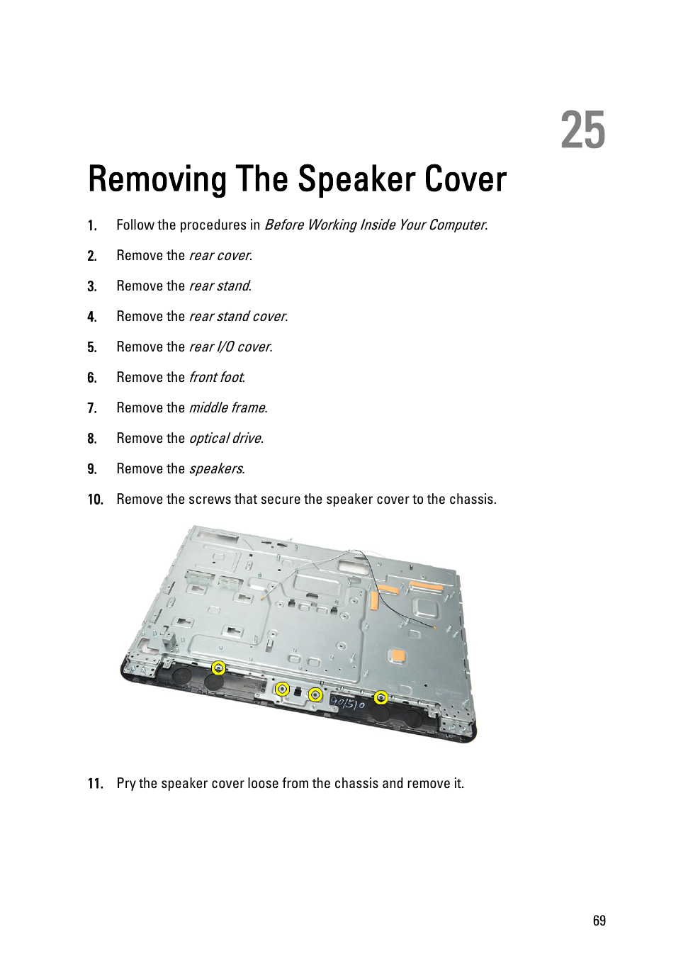 Removing the speaker cover, 25 removing the speaker cover | Dell Vostro 360 (Late 2011) User Manual | Page 69 / 101