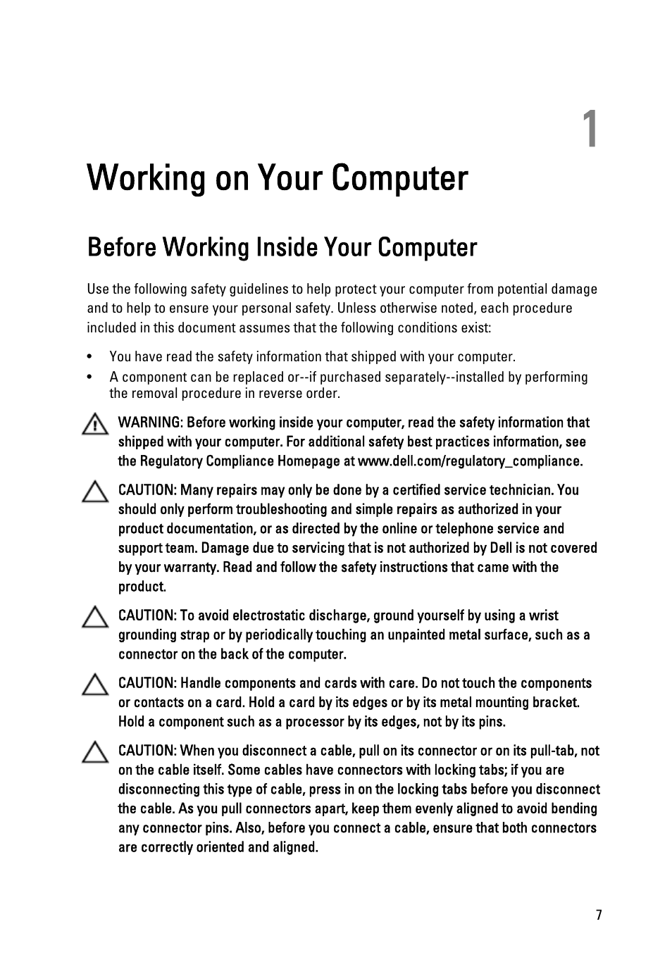 Working on your computer, Before working inside your computer, 1 working on your computer | Dell Vostro 360 (Late 2011) User Manual | Page 7 / 101