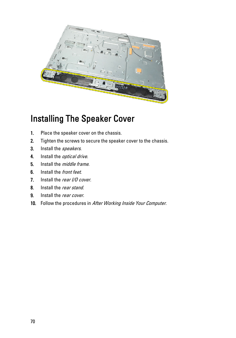 Installing the speaker cover | Dell Vostro 360 (Late 2011) User Manual | Page 70 / 101