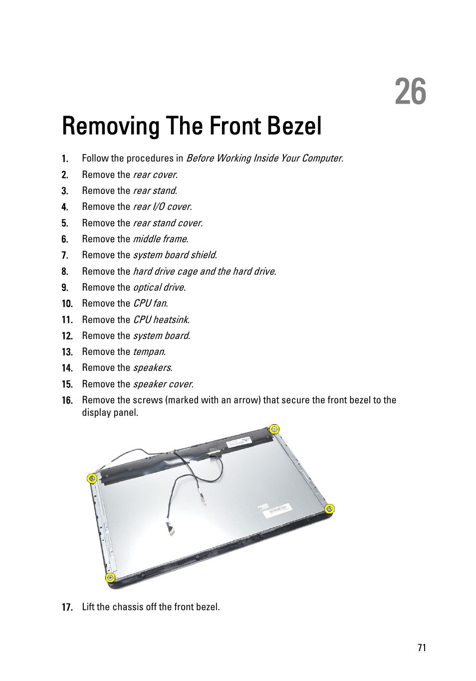 Removing the front bezel, 26 removing the front bezel | Dell Vostro 360 (Late 2011) User Manual | Page 71 / 101