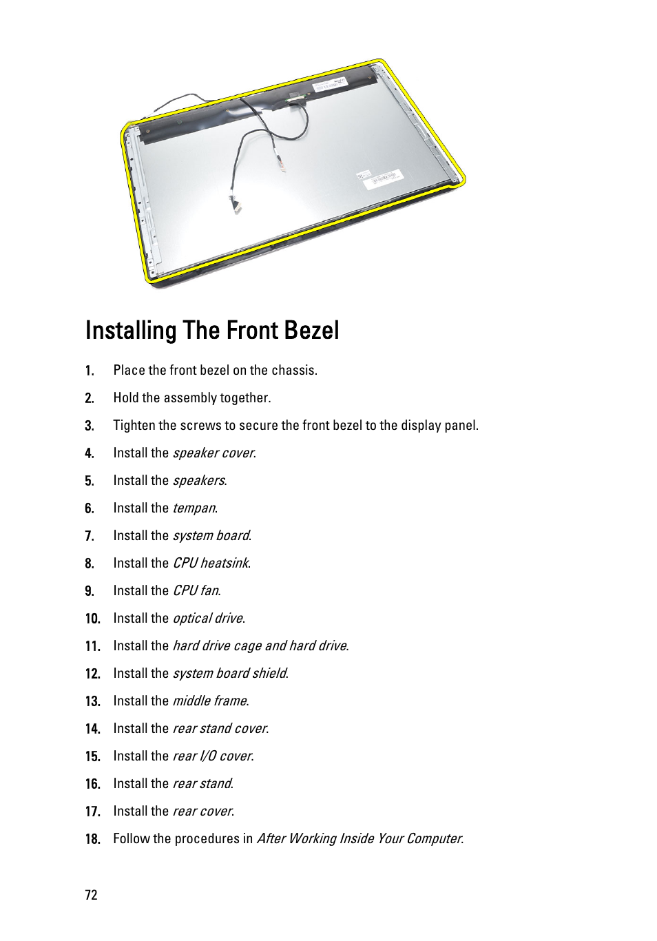 Installing the front bezel | Dell Vostro 360 (Late 2011) User Manual | Page 72 / 101