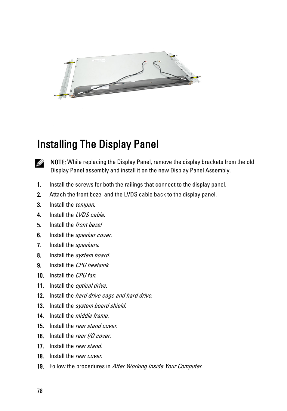 Installing the display panel | Dell Vostro 360 (Late 2011) User Manual | Page 78 / 101