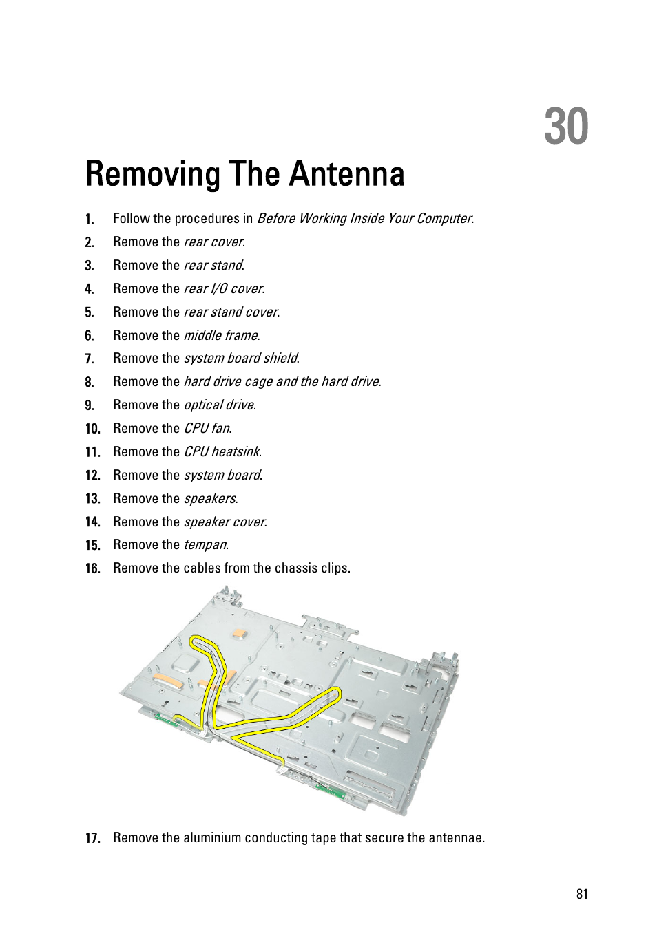 Removing the antenna, 30 removing the antenna | Dell Vostro 360 (Late 2011) User Manual | Page 81 / 101