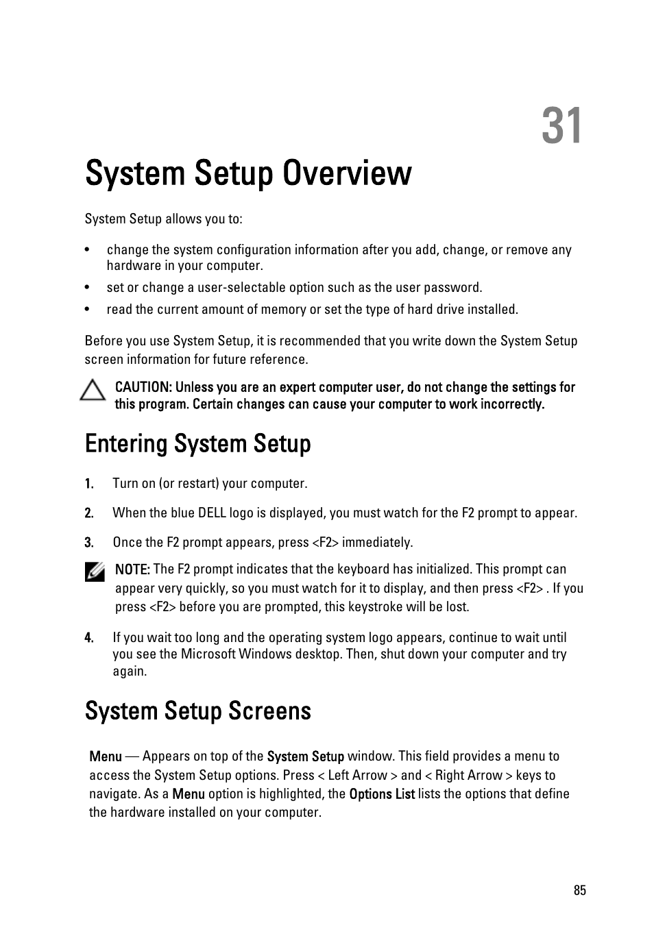 System setup overview, Entering system setup, System setup screens | 31 system setup overview | Dell Vostro 360 (Late 2011) User Manual | Page 85 / 101