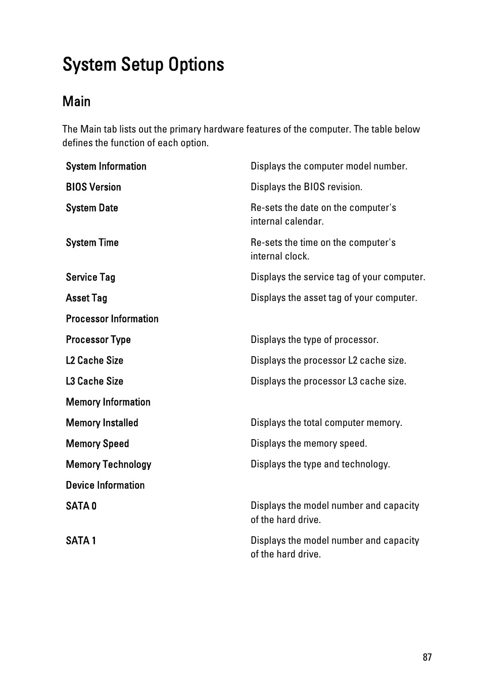 System setup options, Main | Dell Vostro 360 (Late 2011) User Manual | Page 87 / 101