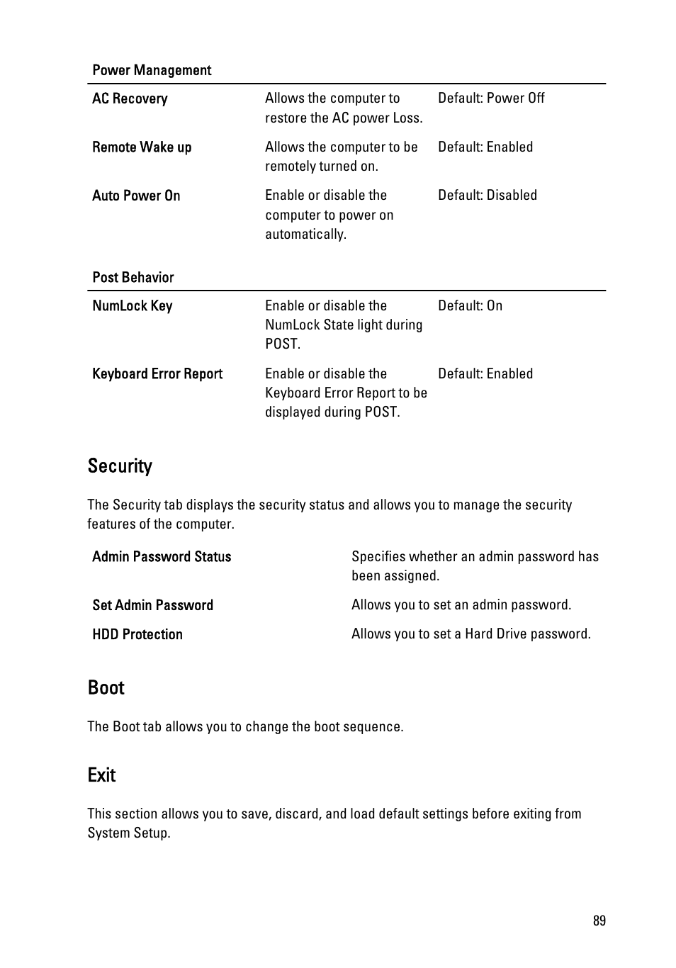 Security, Boot, Exit | Dell Vostro 360 (Late 2011) User Manual | Page 89 / 101