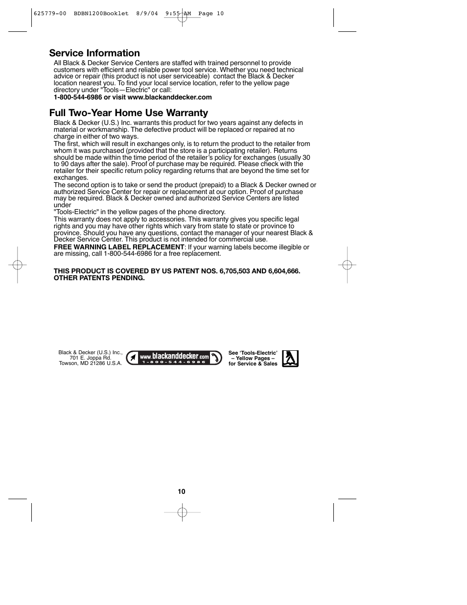 Service information, Full two-year home use warranty | Black & Decker BDBN1200 User Manual | Page 10 / 33