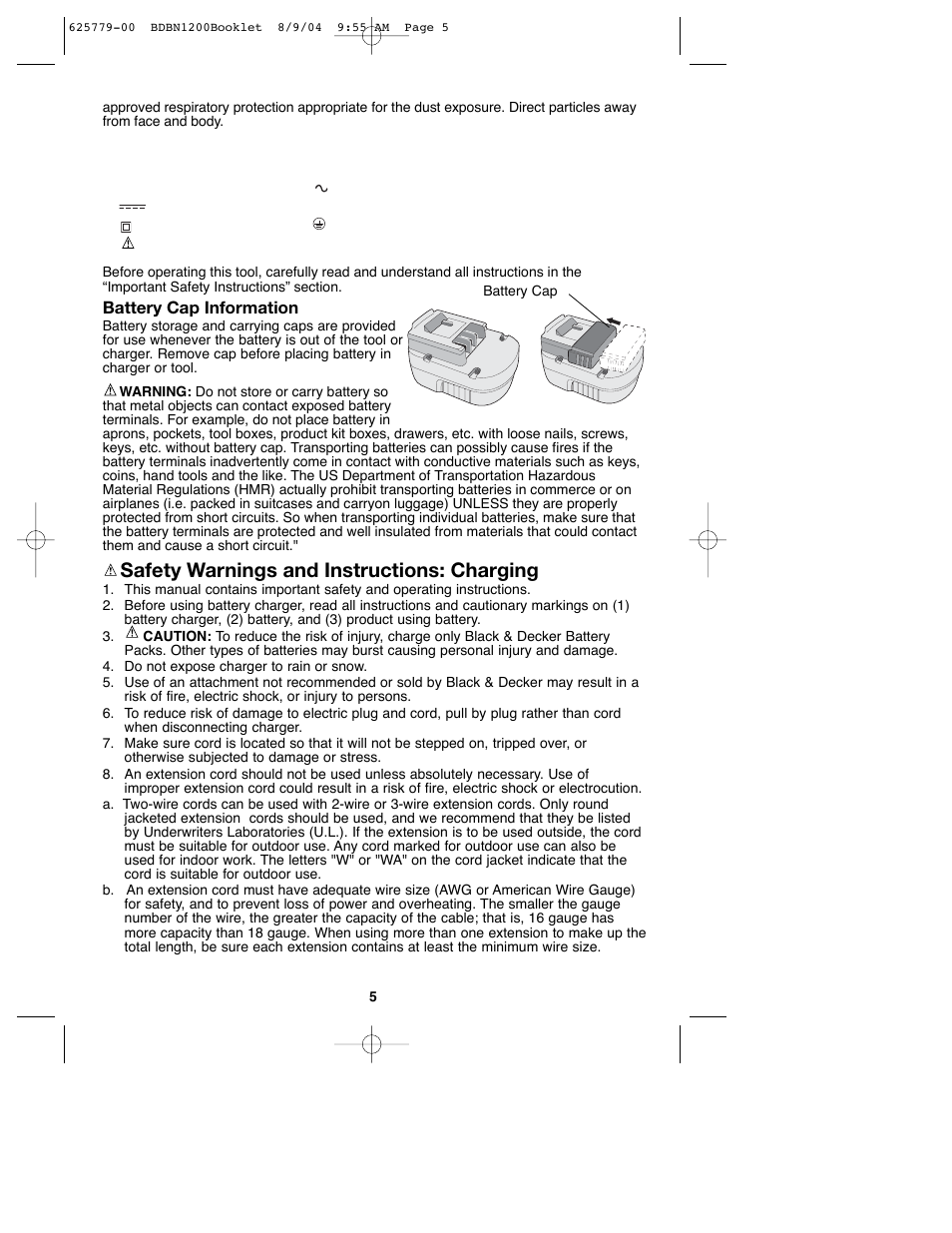 Safety warnings and instructions: charging | Black & Decker BDBN1200 User Manual | Page 5 / 33