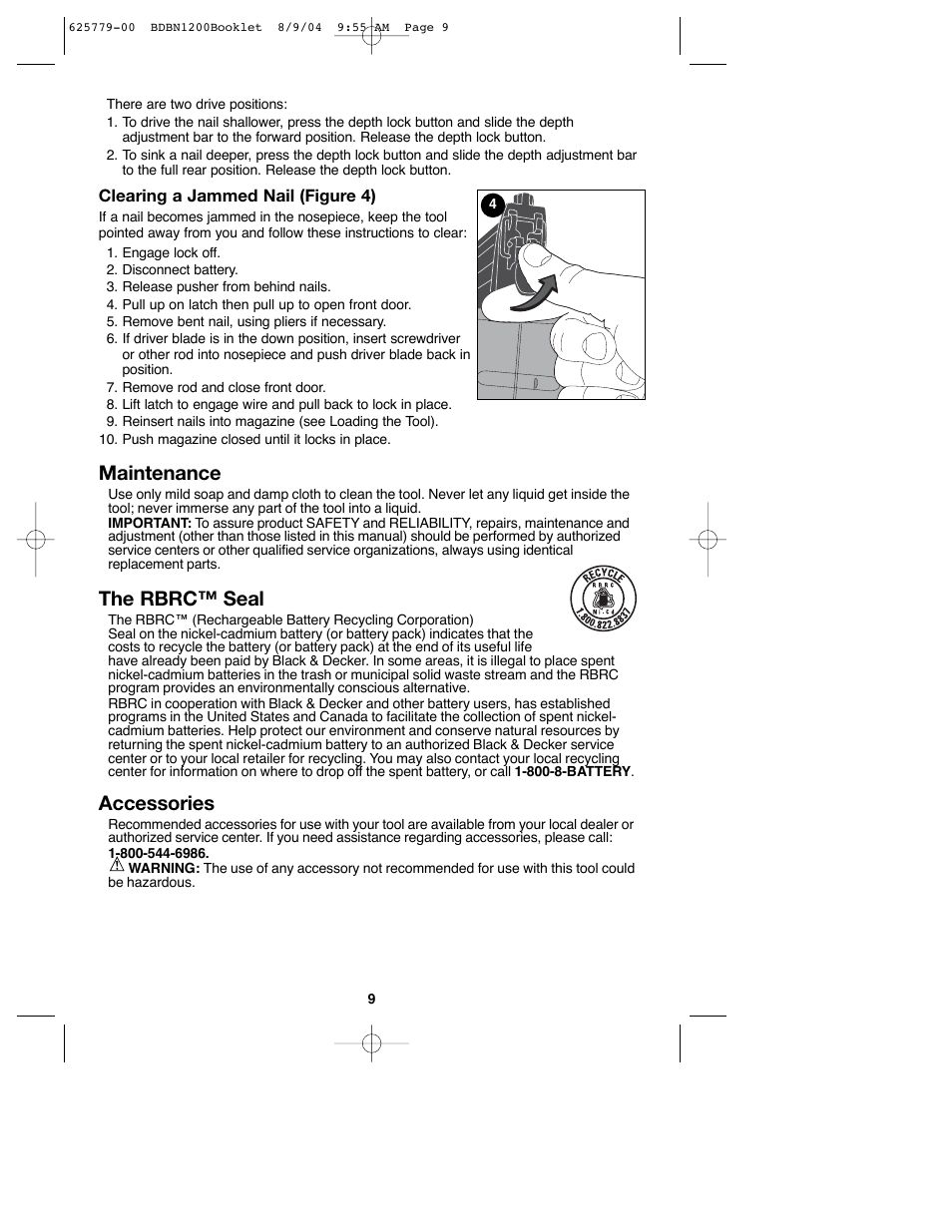 Maintenance, The rbrc™ seal, Accessories | Black & Decker BDBN1200 User Manual | Page 9 / 33