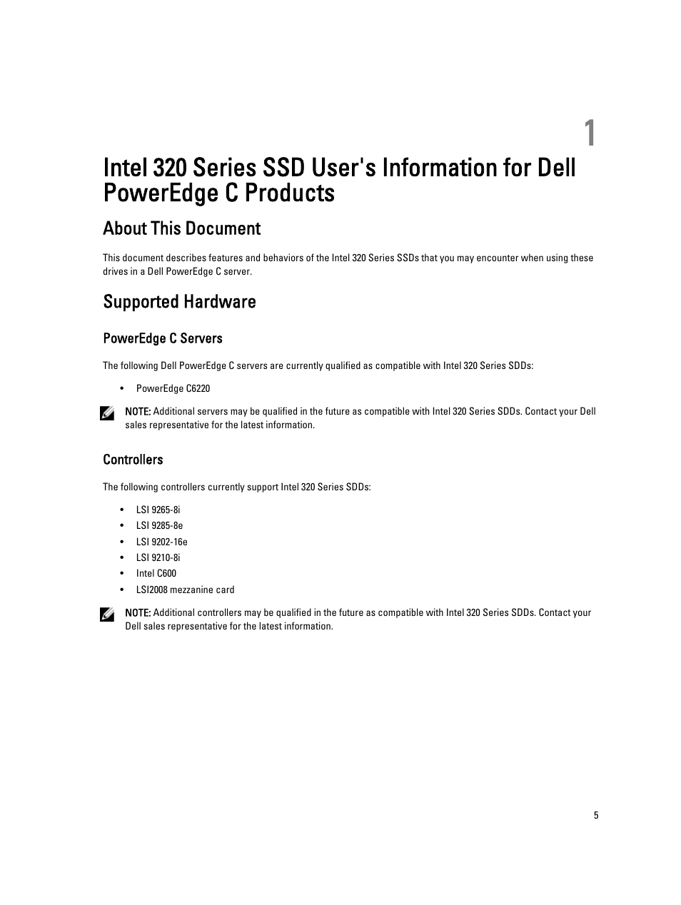 About this document, Supported hardware, Poweredge c servers | Controllers | Dell PowerEdge C6220 User Manual | Page 5 / 13