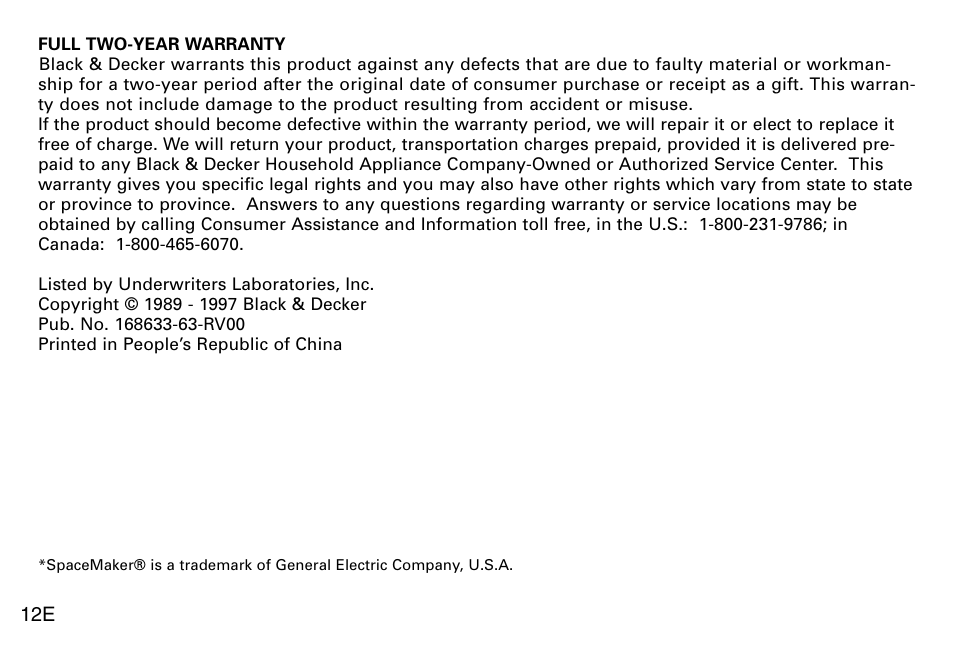 Warranty | Black & Decker EK970 User Manual | Page 5 / 5