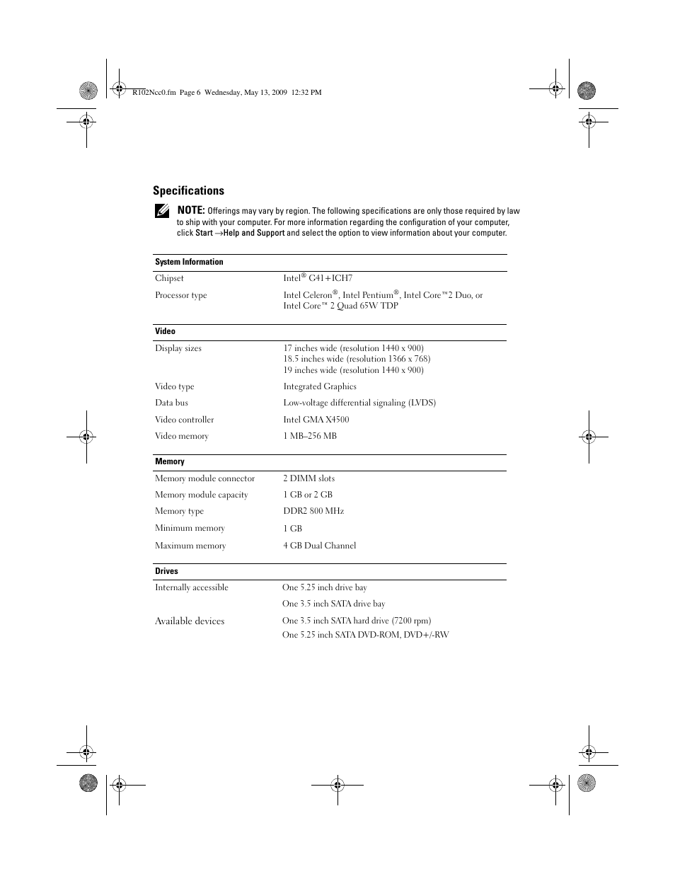 Specifications | Dell Vostro 320 (Mid 2009) User Manual | Page 6 / 8