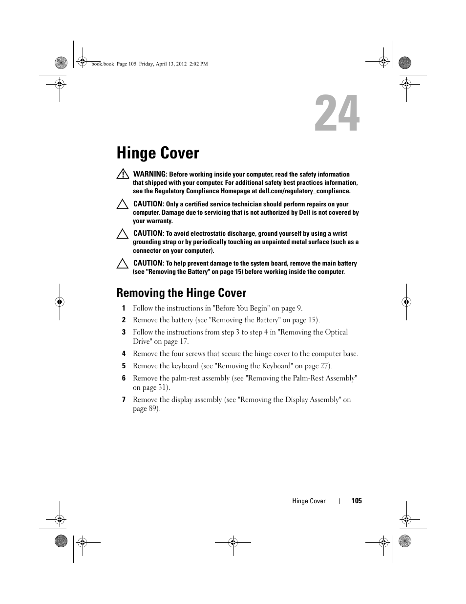 Hinge cover, Removing the hinge cover | Dell Inspiron 17R (N7110, Early 2011) User Manual | Page 105 / 116