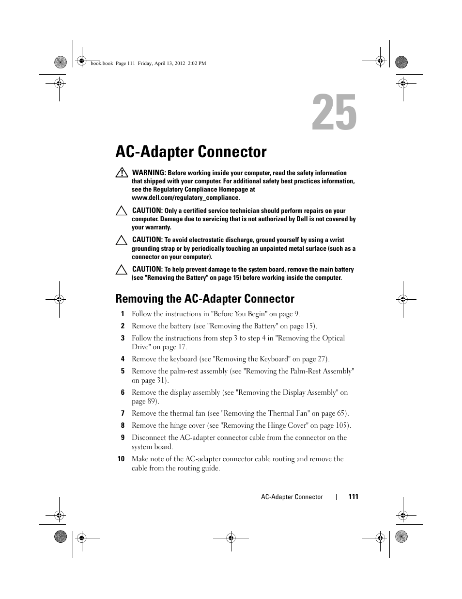 Ac-adapter connector, Removing the ac-adapter connector | Dell Inspiron 17R (N7110, Early 2011) User Manual | Page 111 / 116