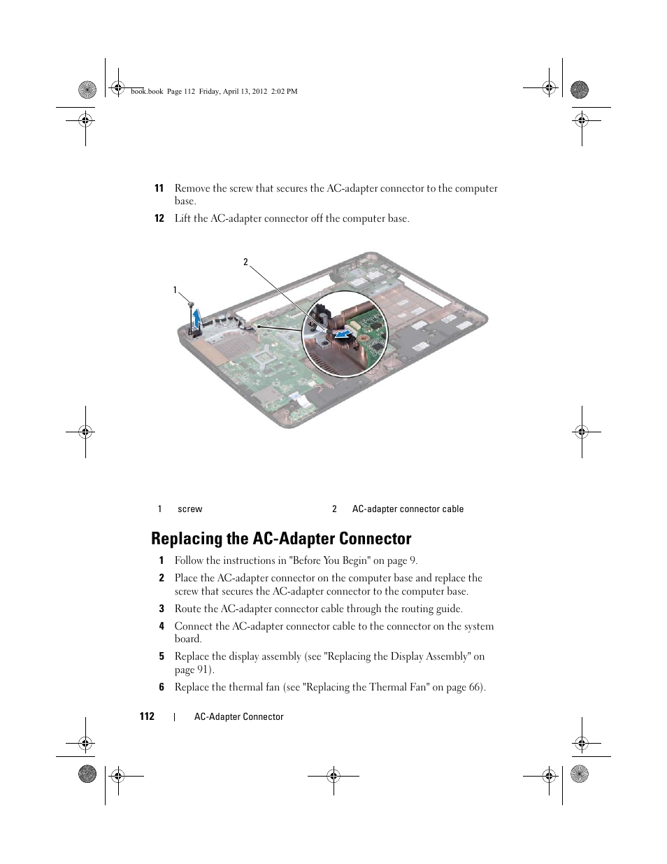 Replacing the ac-adapter connector | Dell Inspiron 17R (N7110, Early 2011) User Manual | Page 112 / 116