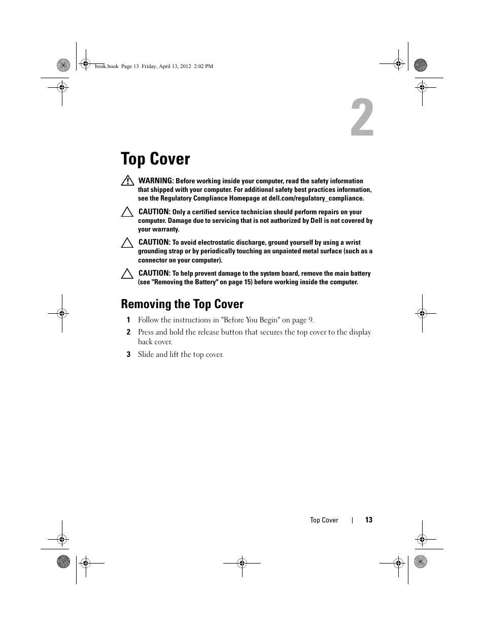 Top cover, Removing the top cover, 3 slide and lift the top cover | Dell Inspiron 17R (N7110, Early 2011) User Manual | Page 13 / 116