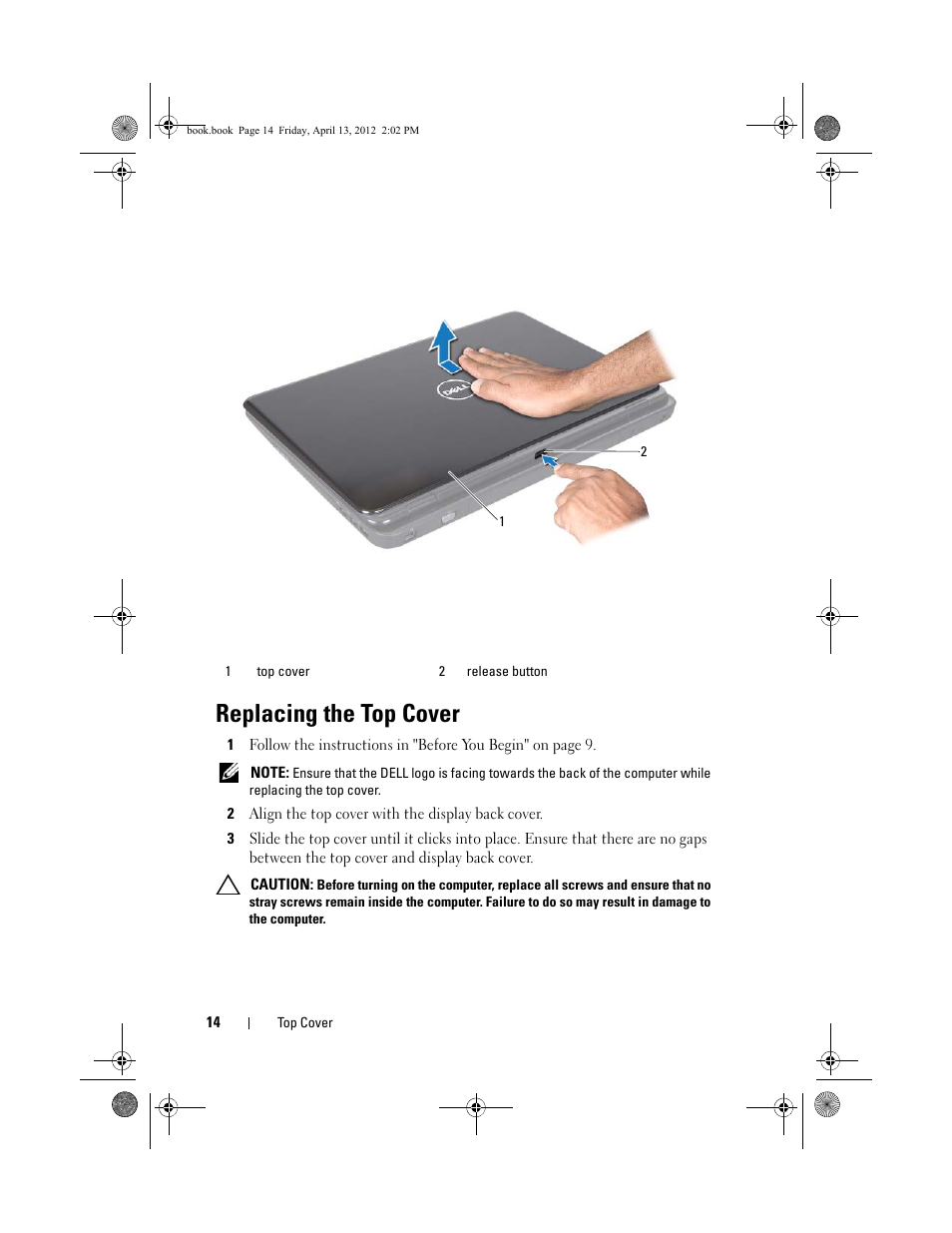 Replacing the top cover, 2 align the top cover with the display back cover | Dell Inspiron 17R (N7110, Early 2011) User Manual | Page 14 / 116