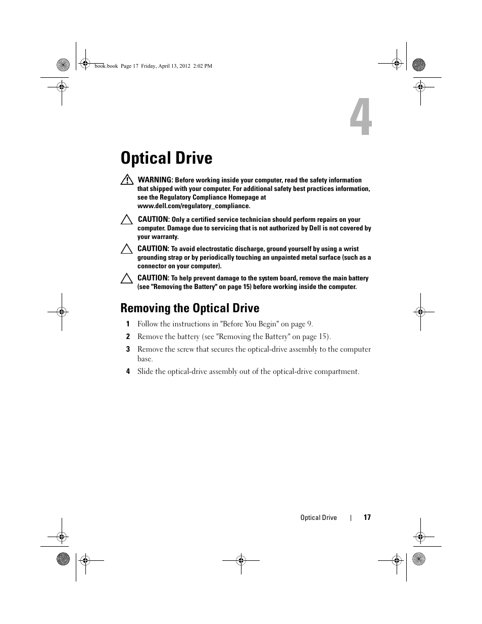 Optical drive, Removing the optical drive | Dell Inspiron 17R (N7110, Early 2011) User Manual | Page 17 / 116