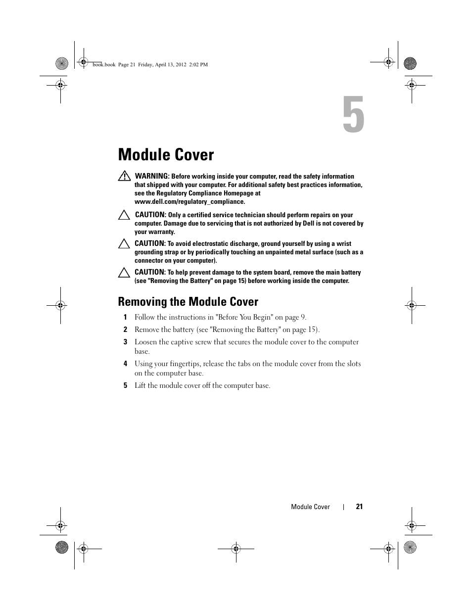 Module cover, Removing the module cover | Dell Inspiron 17R (N7110, Early 2011) User Manual | Page 21 / 116