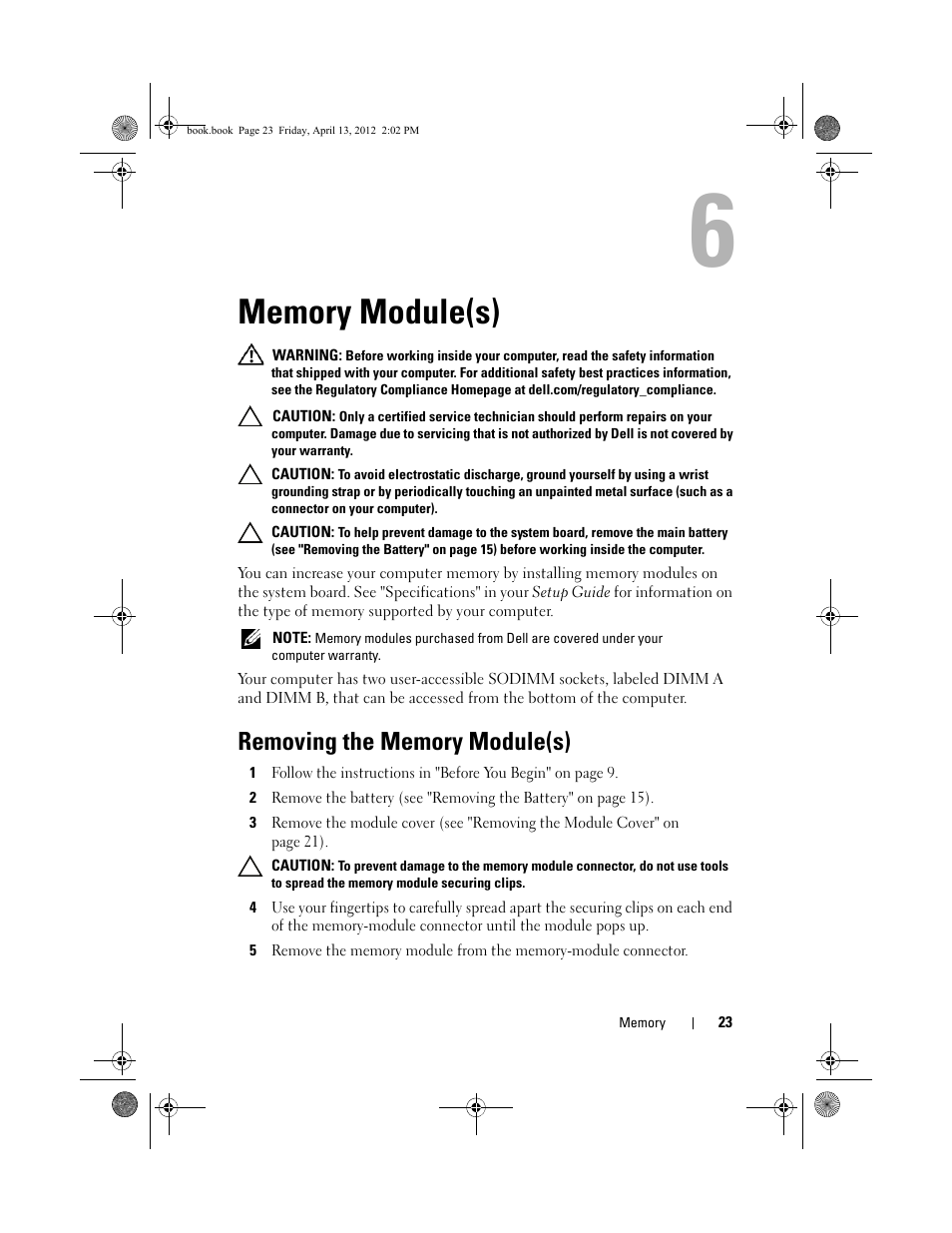 Memory module(s), Removing the memory module(s) | Dell Inspiron 17R (N7110, Early 2011) User Manual | Page 23 / 116