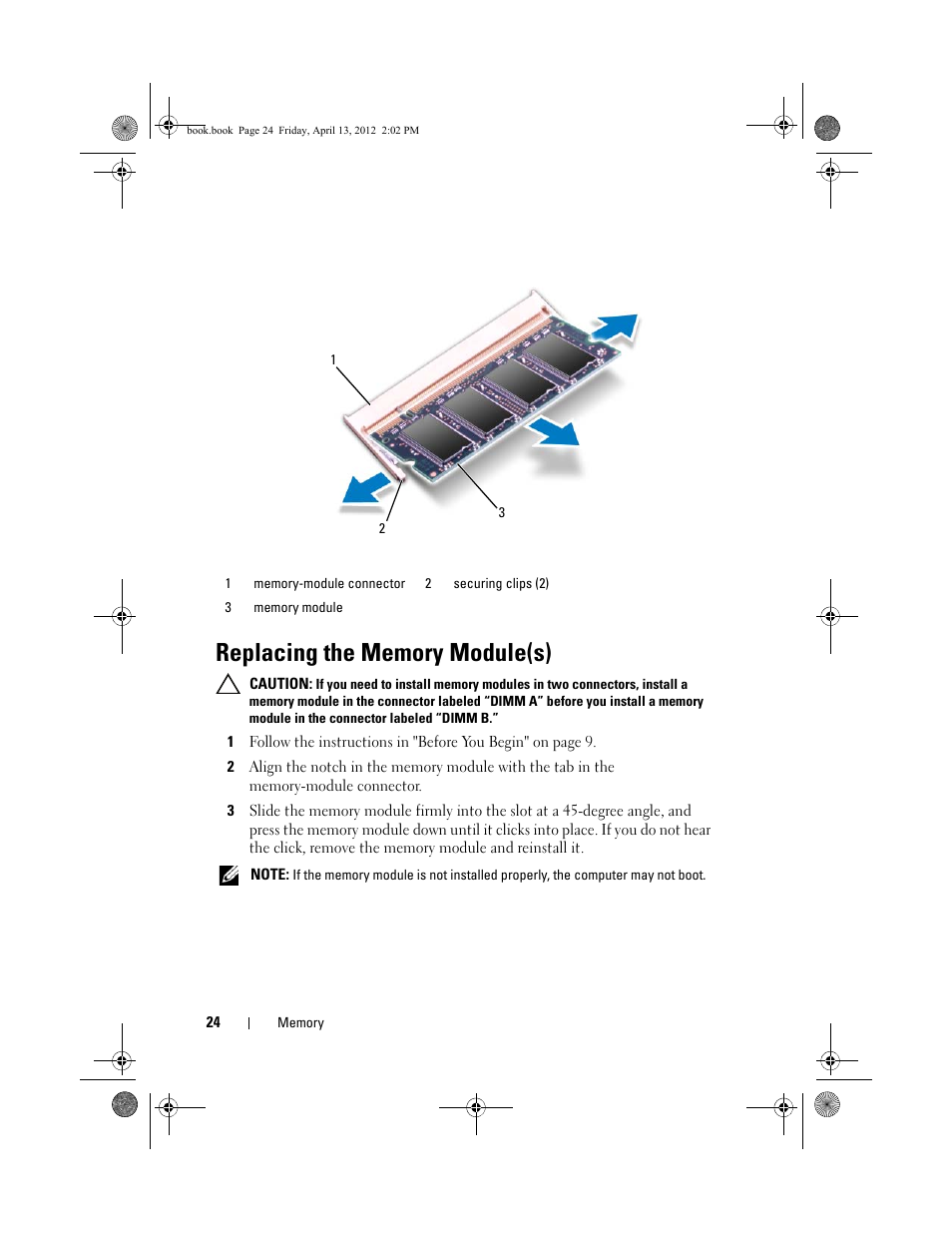 Replacing the memory module(s) | Dell Inspiron 17R (N7110, Early 2011) User Manual | Page 24 / 116