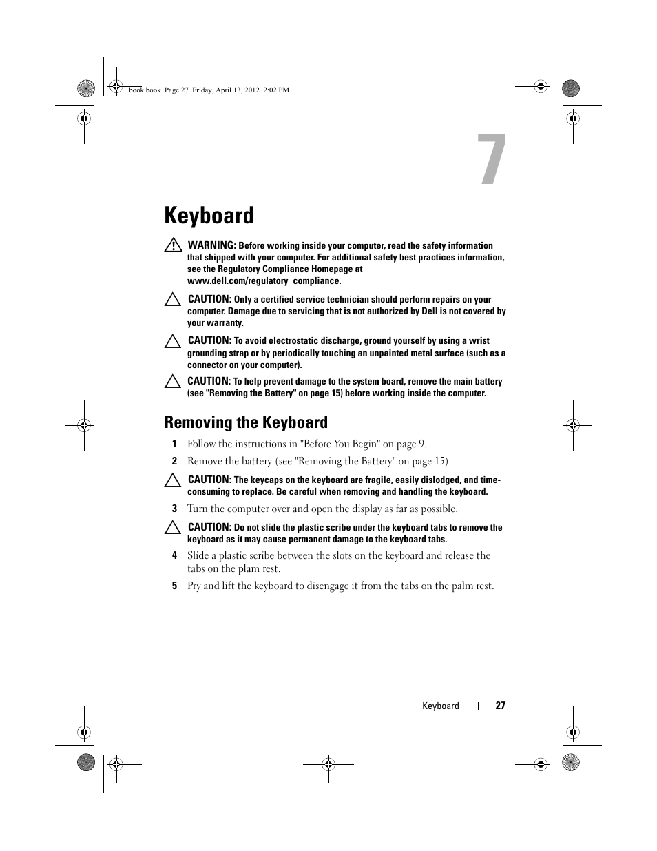 Keyboard, Removing the keyboard | Dell Inspiron 17R (N7110, Early 2011) User Manual | Page 27 / 116